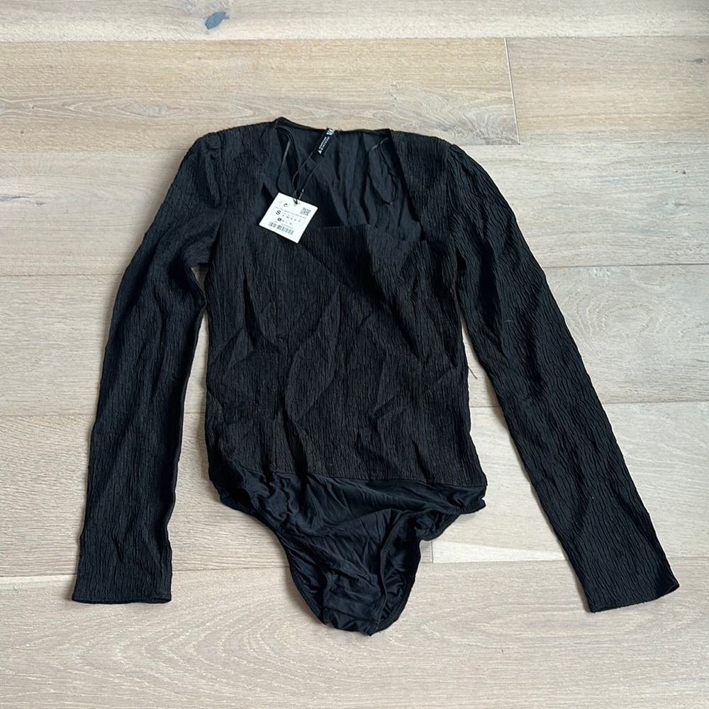 New Zara Black Long Sleeve womens One Piece top sz small - Picture 1 of 7
